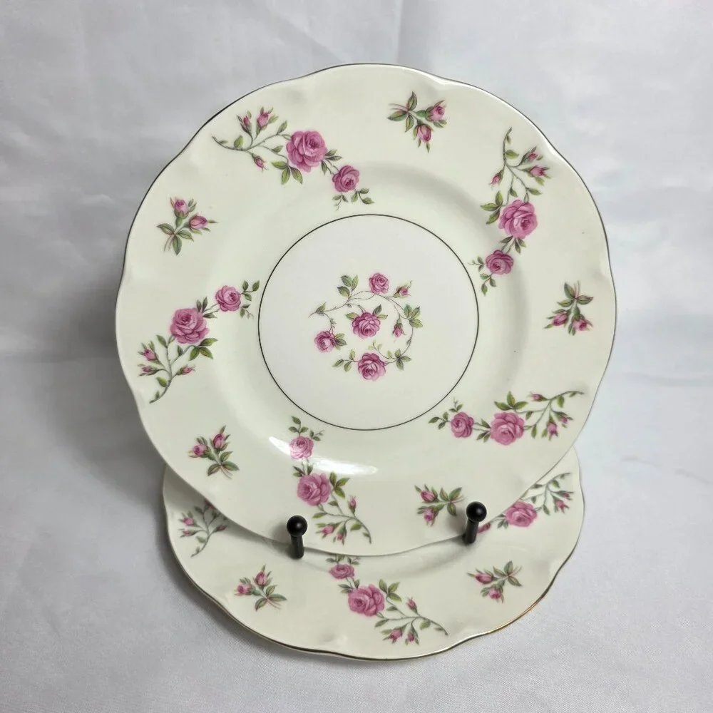 TWO Theodore Haviland Delaware New York Salad Plates Ivory with Pink Roses